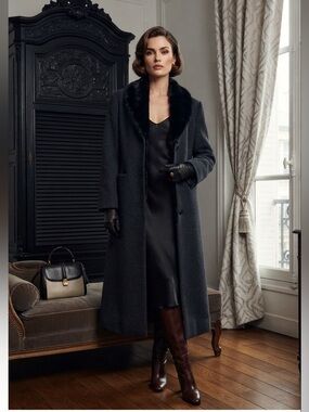 Vintage Philippe Adec Penny Lane Wool‎ Blend Fur Trim Long Overcoat Duster 8